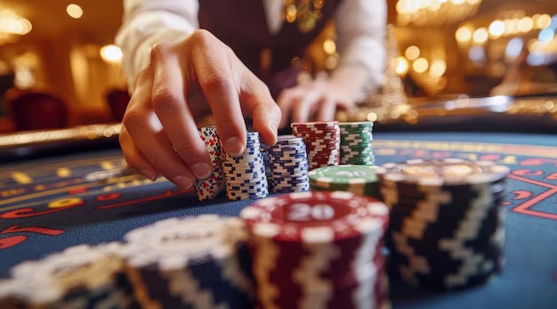 Mobile app interface showing account balance, deposit and withdraw buttons, and active blackjack table